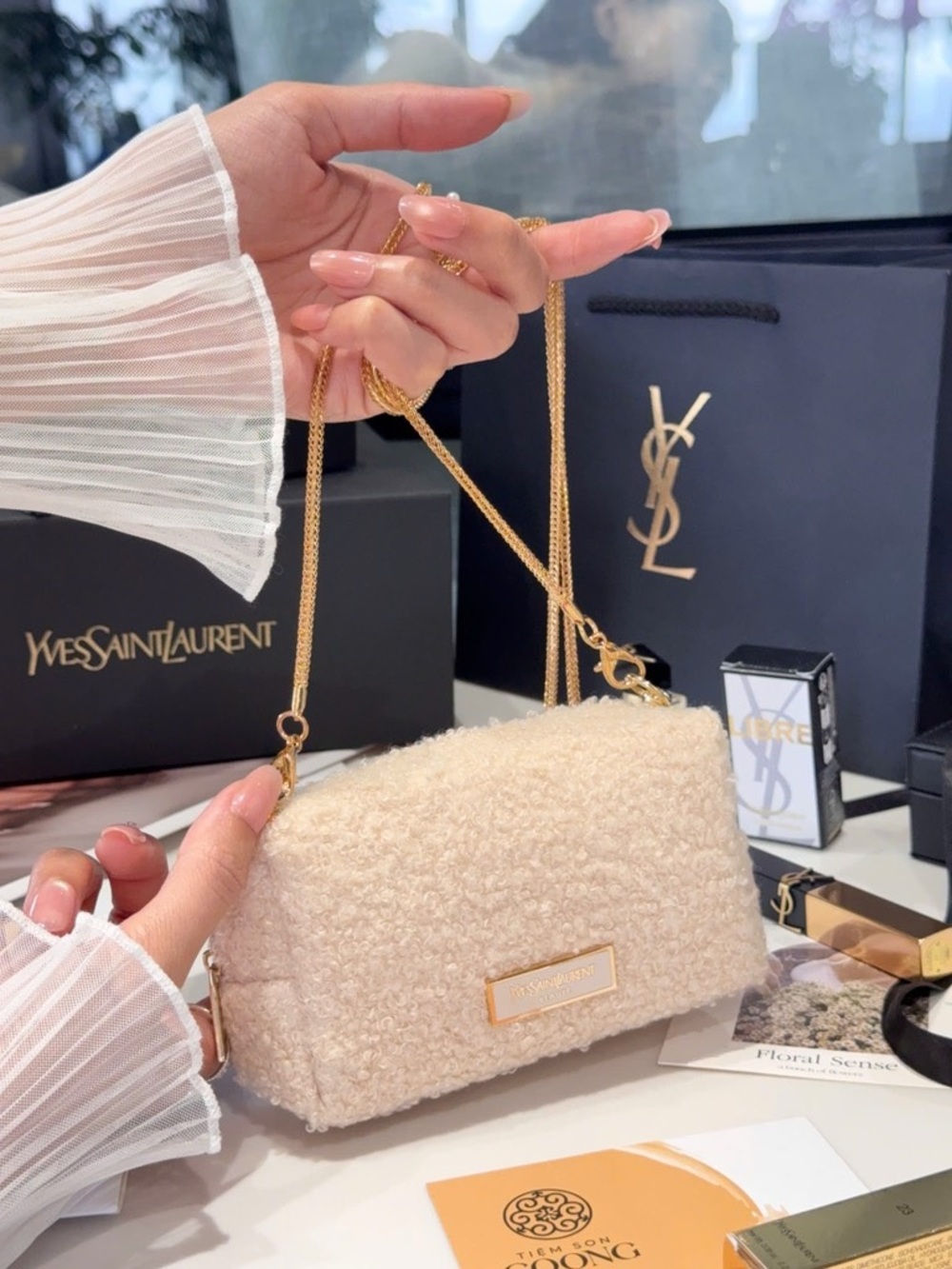Yves Saint Laurent Cream Shearling Crossbody with Gold Chain